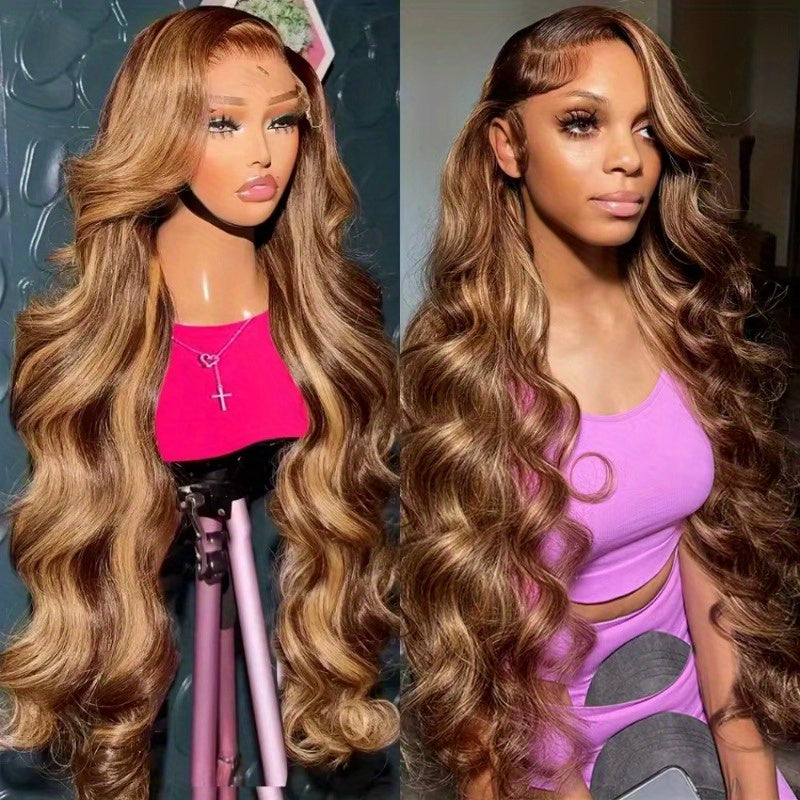 13x4 HD Transparent Lace Front Wig Brazilian Human Hair 4/27 Highlights Body Wave Curls 200% Density Glueless Wig for Women - Suitable for All Ethnicities & Light Beige Tones, Versatile Hairpiece | Elegant Hairpiece | Full Lu